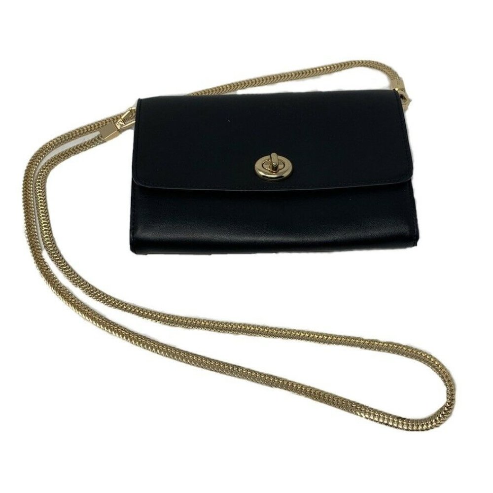 Coach Smooth Black Leather Turnlock Chain Crossbod